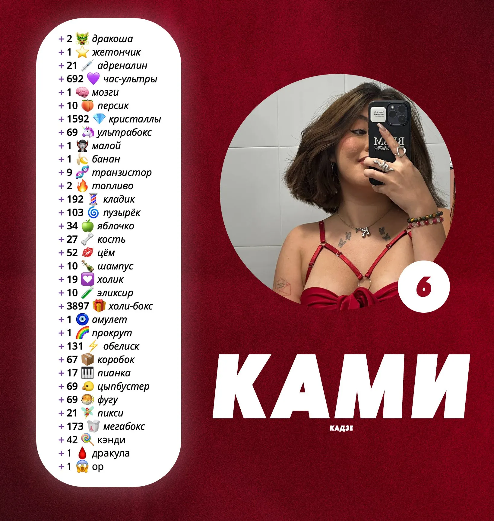 🧨 Ну це легенда. Во-первых она лидировала почти всё время, держалась на первом месте, с огромным отрывом. Хер к ней кто мог подобраться до конца ивента. Во-вторых она играла в ивент с температурой под 40, ну если это не камикадзе, то кто, я не знаю. Да, под конец её спихнули с трона, не подфартило. Но 6 место, это всё равно лютый топ. Это вроде её первая победа, так что, поздравляю тебя!!! photo_2025-11-13_21-30-24 (2)