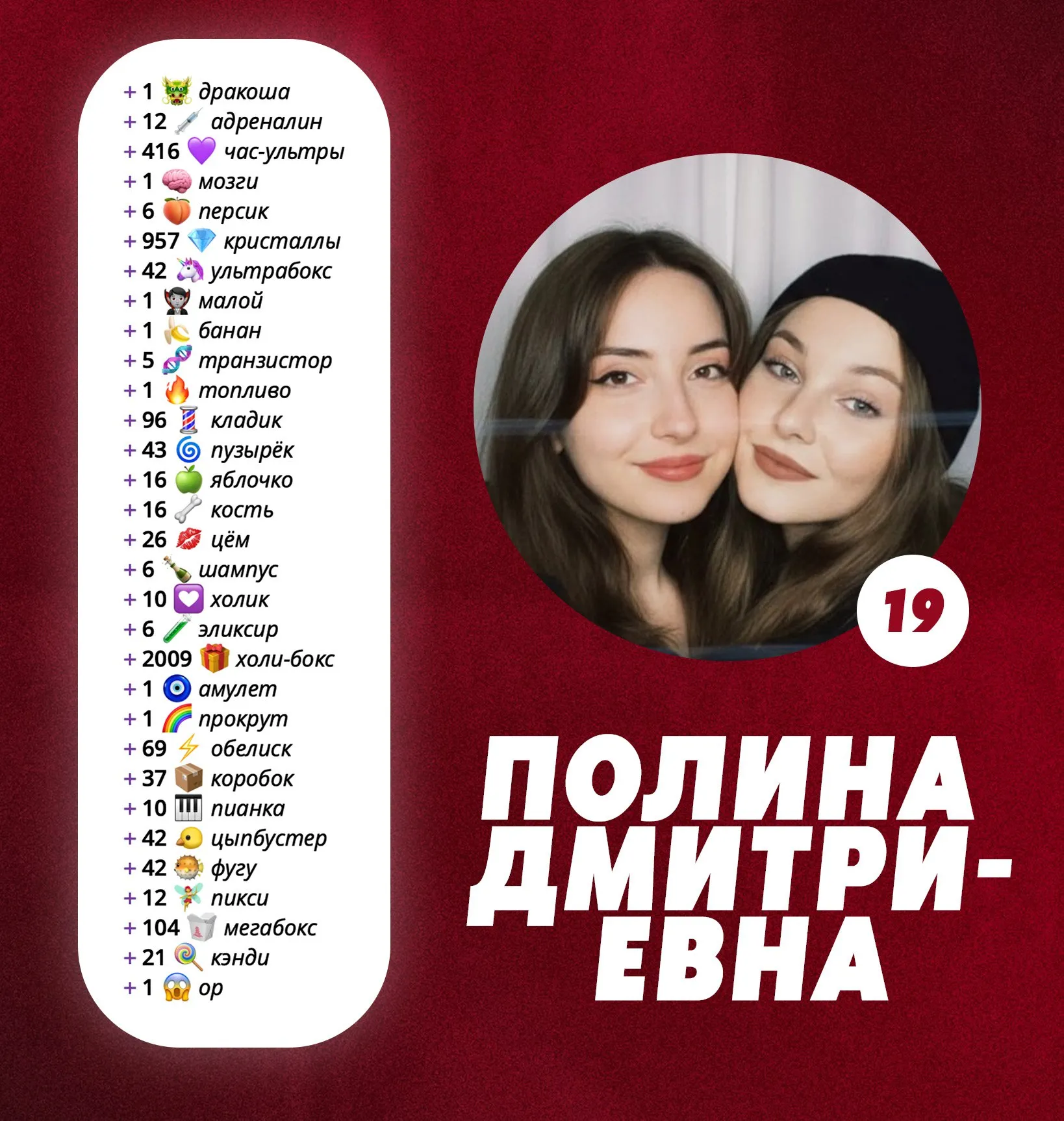 🎀 Угадайте что, это тоже её первый ивент! Тоже очень нервничала и не верила шо получится, особенно в этом мега-рандомном ивенте. Сначала её попка пригорела с этого рандома, который её вышвырнул с топ-20 в лютые низы. Но буквально в последние минуты, этот же самый рандом, решил над ней сжалиться и вкинул обратно в топ, да ещё и на 19 место. Качели там у неё, были дай боже. Но она выдержала и теперь светится тут, с новеньким дракошей, умниииичка. photo_2025-11-13_22-13-10 (4)