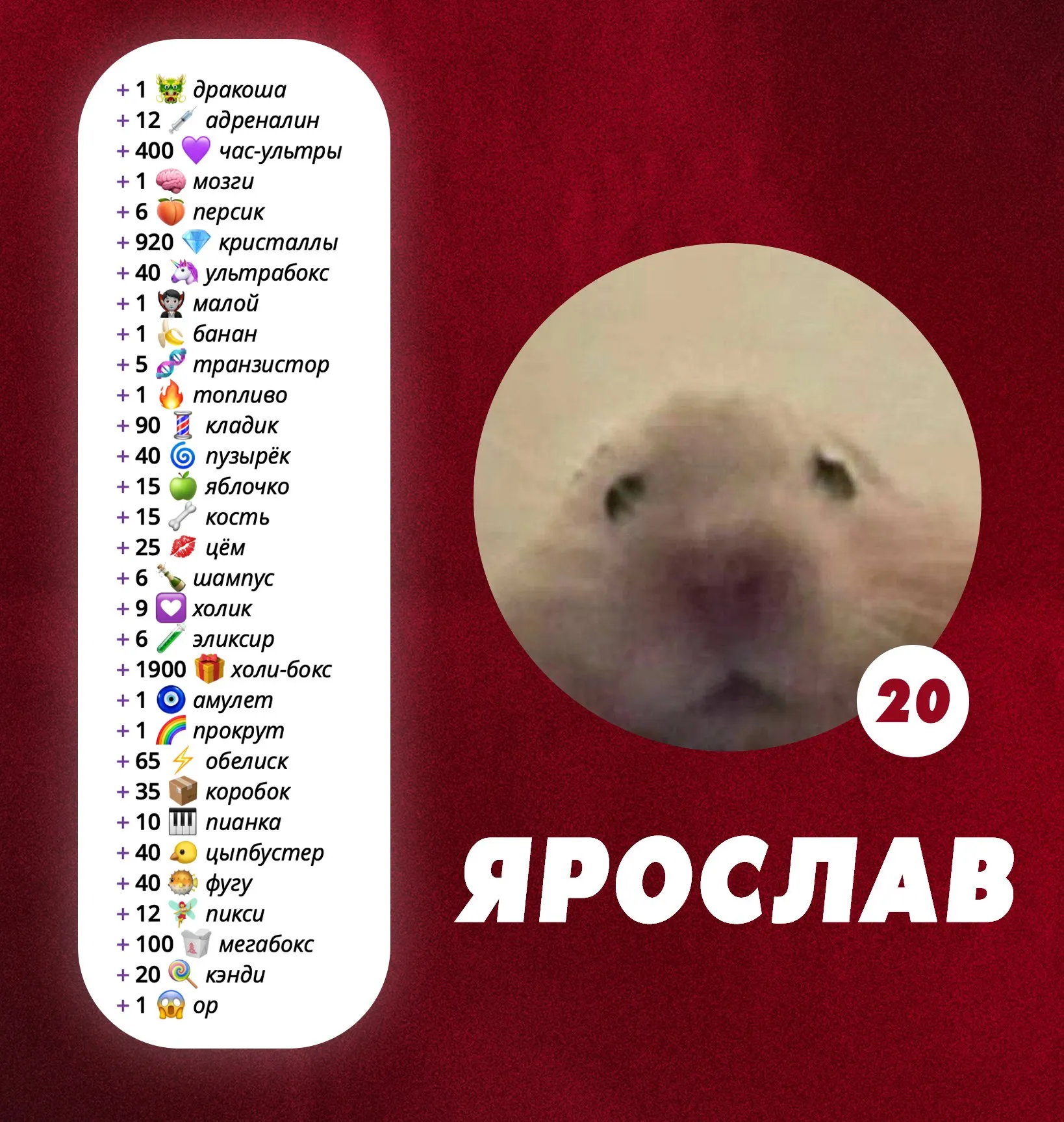 🎁 Я постоянно говорю, что 20-е место, это лютейшее достижение. За него борьба всегда ведётся жёстче чем за топ-1. Ярослав эту борьбу чудом пережил и задержался в победителях. Шо тут сказать, ты мега топ. Да и пережил Ярослав у нас далеко не мало ивентов, на опыте чувачок, за постоянство тебе отдельный респект! А теперь обнимай дракошу и расслабься, ты победил. photo_2025-11-13_22-15-07